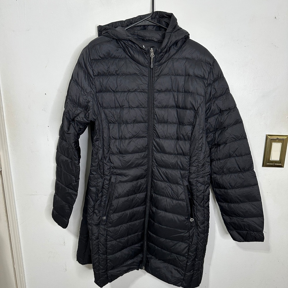 Women Black Down Puffer Coat Hooded Quilted Jacket Size XL LightWeight Winter